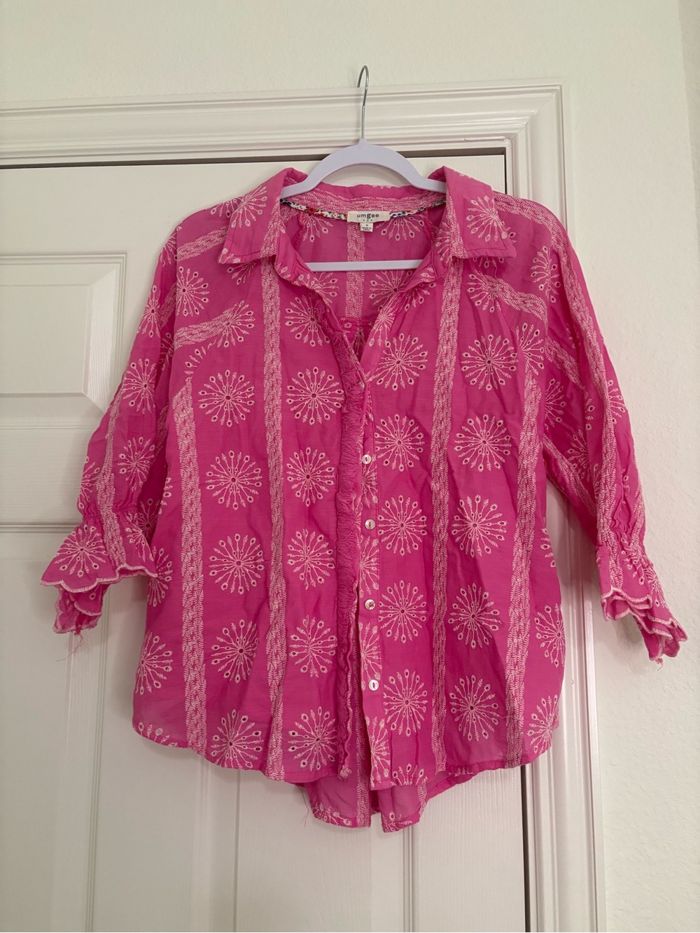 Umgee Pink Lace Eyelet Button Front Top